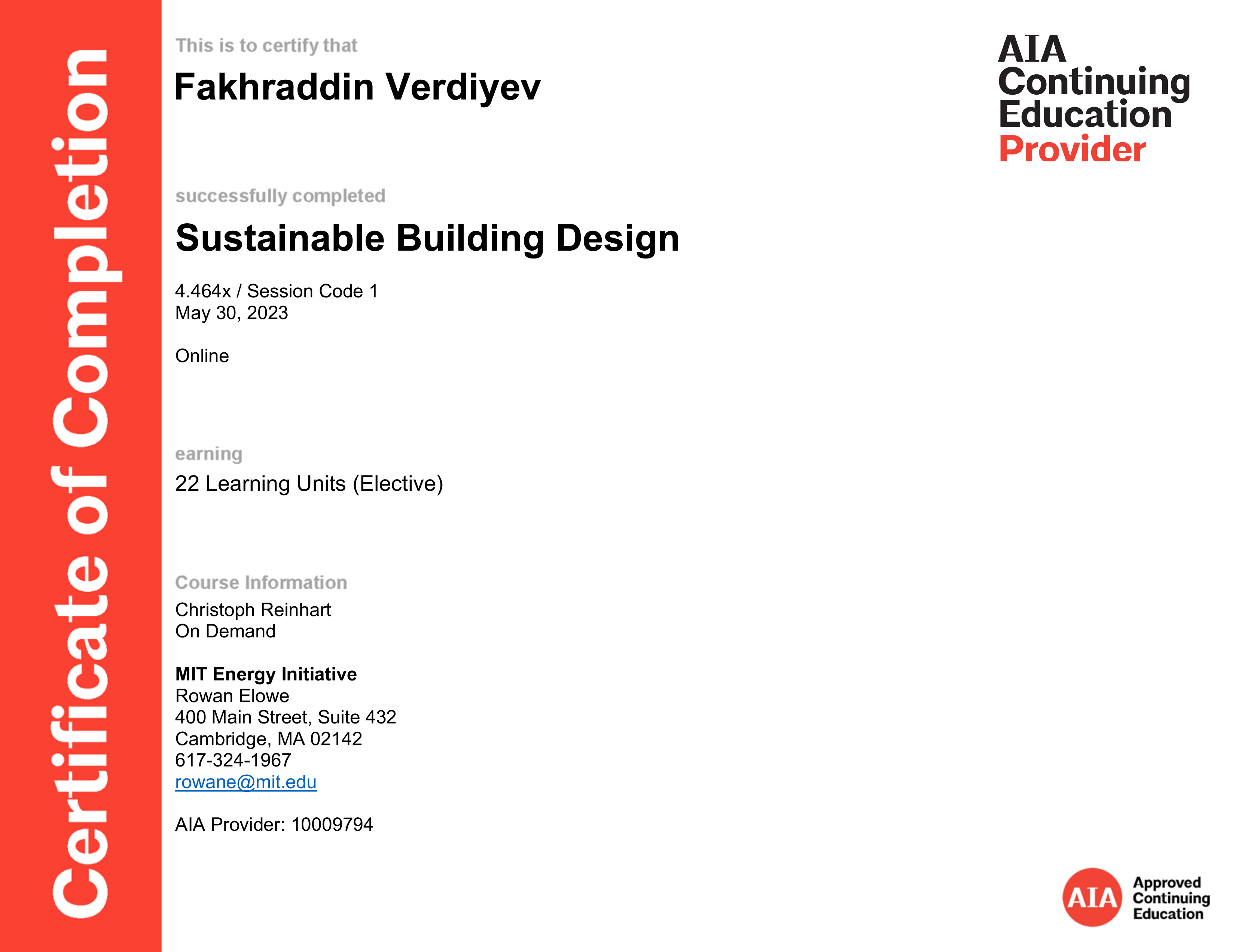 Sustainable Building Design — Continuing Education certificate