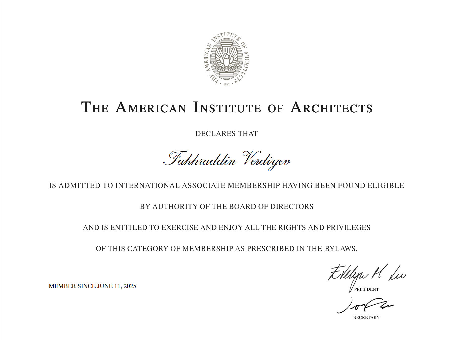 AIA International Associate membership certificate — Fakhraddin Verdiyev